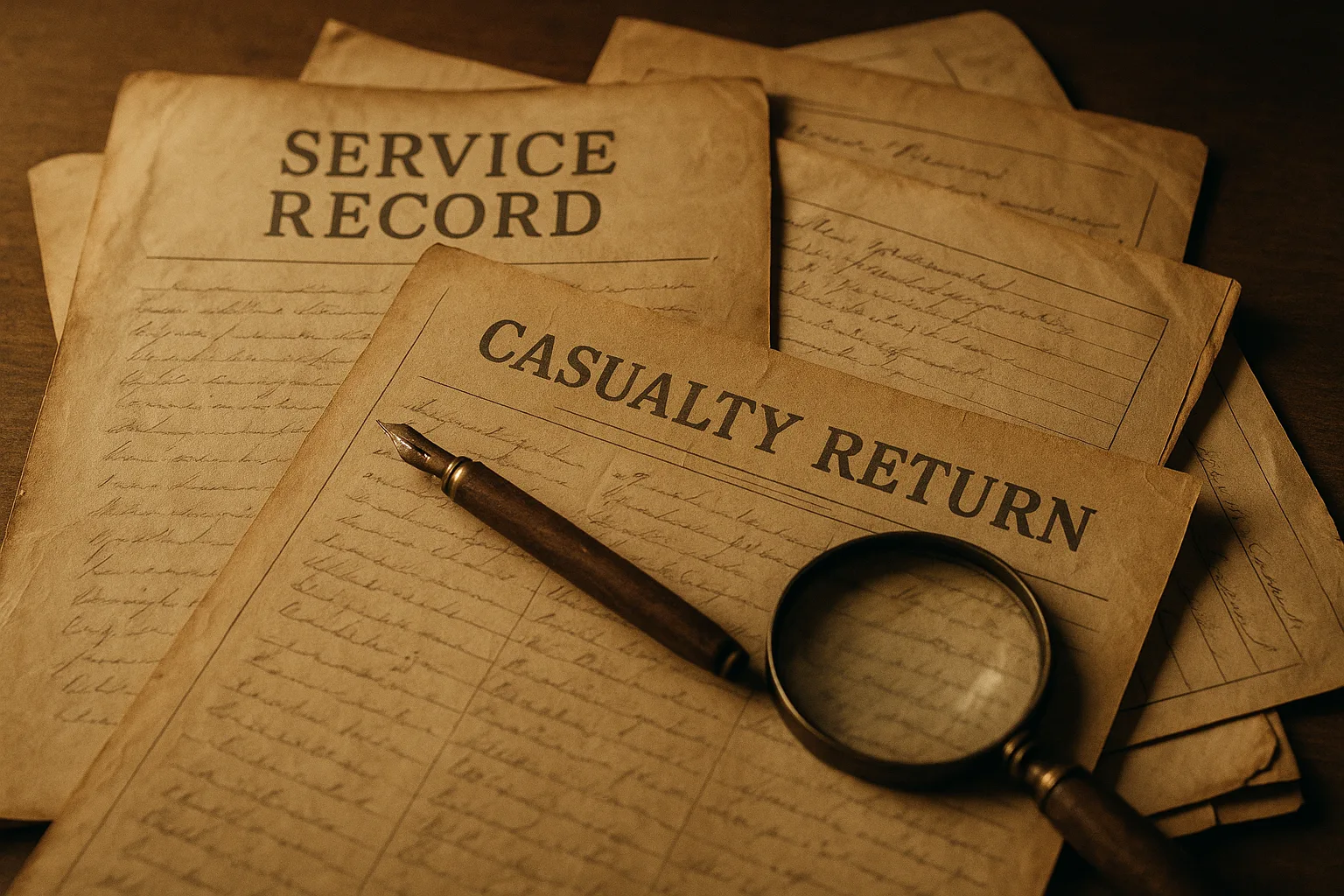 Military service records and archive files on a desk